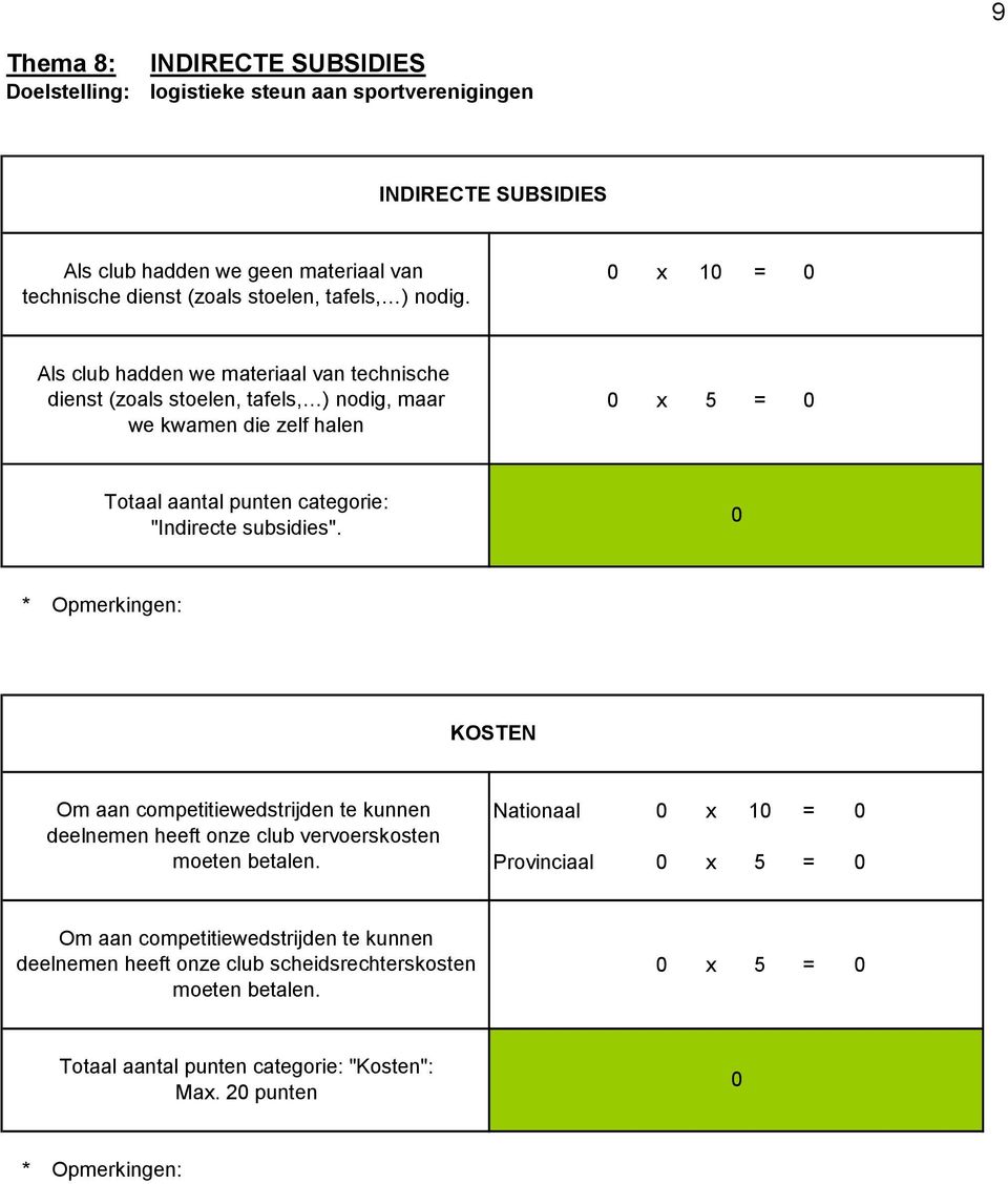 x 1 = Als club hadden we materiaal van technische dienst (zoals stoelen, tafels, ) nodig, maar we kwamen die zelf halen x 5 = Totaal aantal punten categorie: "Indirecte