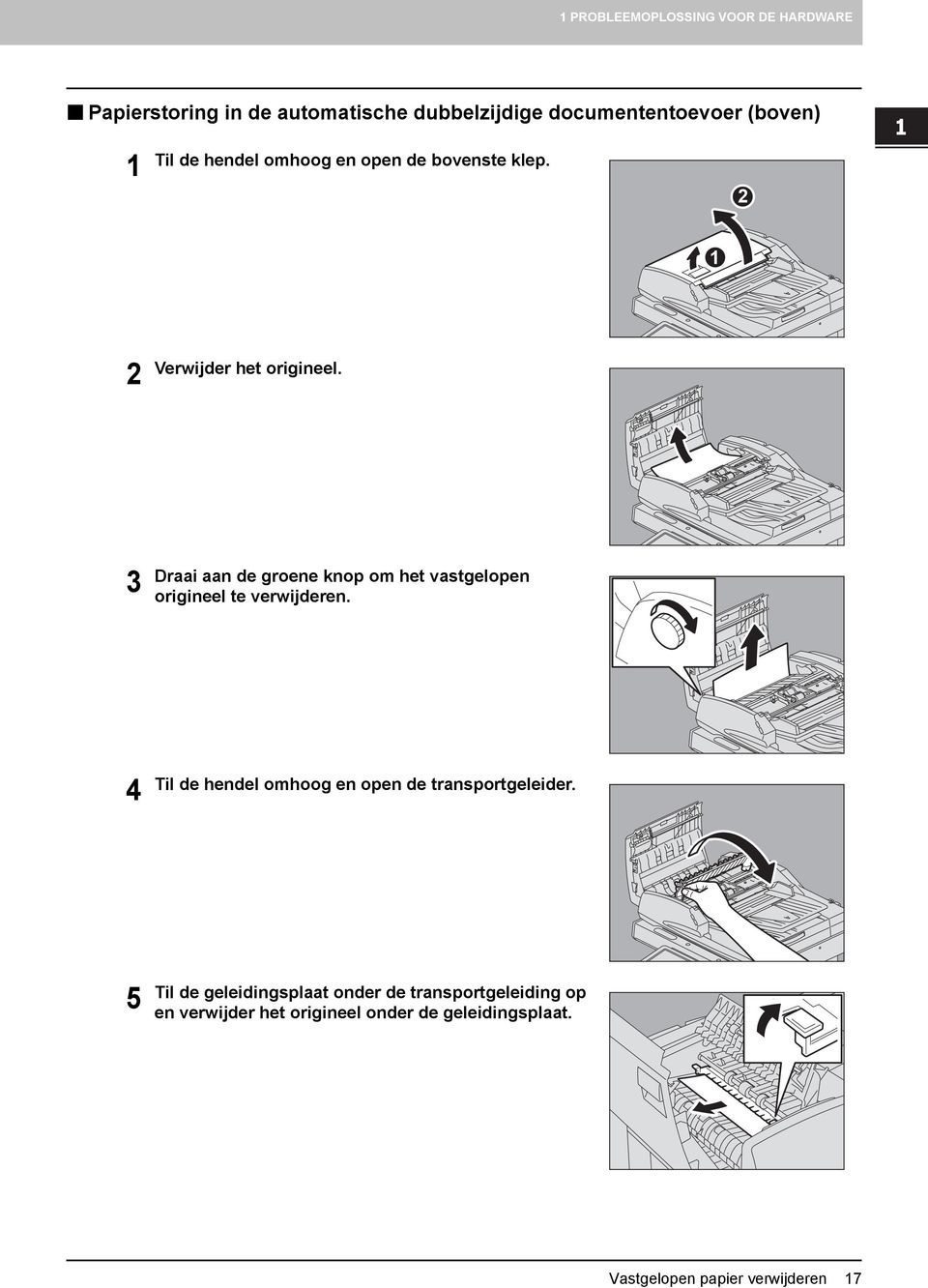 hendel omhoog en open de bovenste klep. Verwijder het origineel.