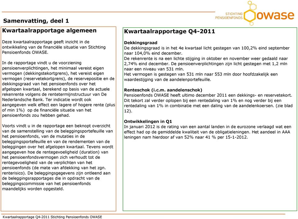 dekkingsgraad van het pensioenfonds over het afgelopen kwartaal, berekend op basis van de actuele rekenrente volgens de rentetermijnstructuur van De Nederlandsche Bank.