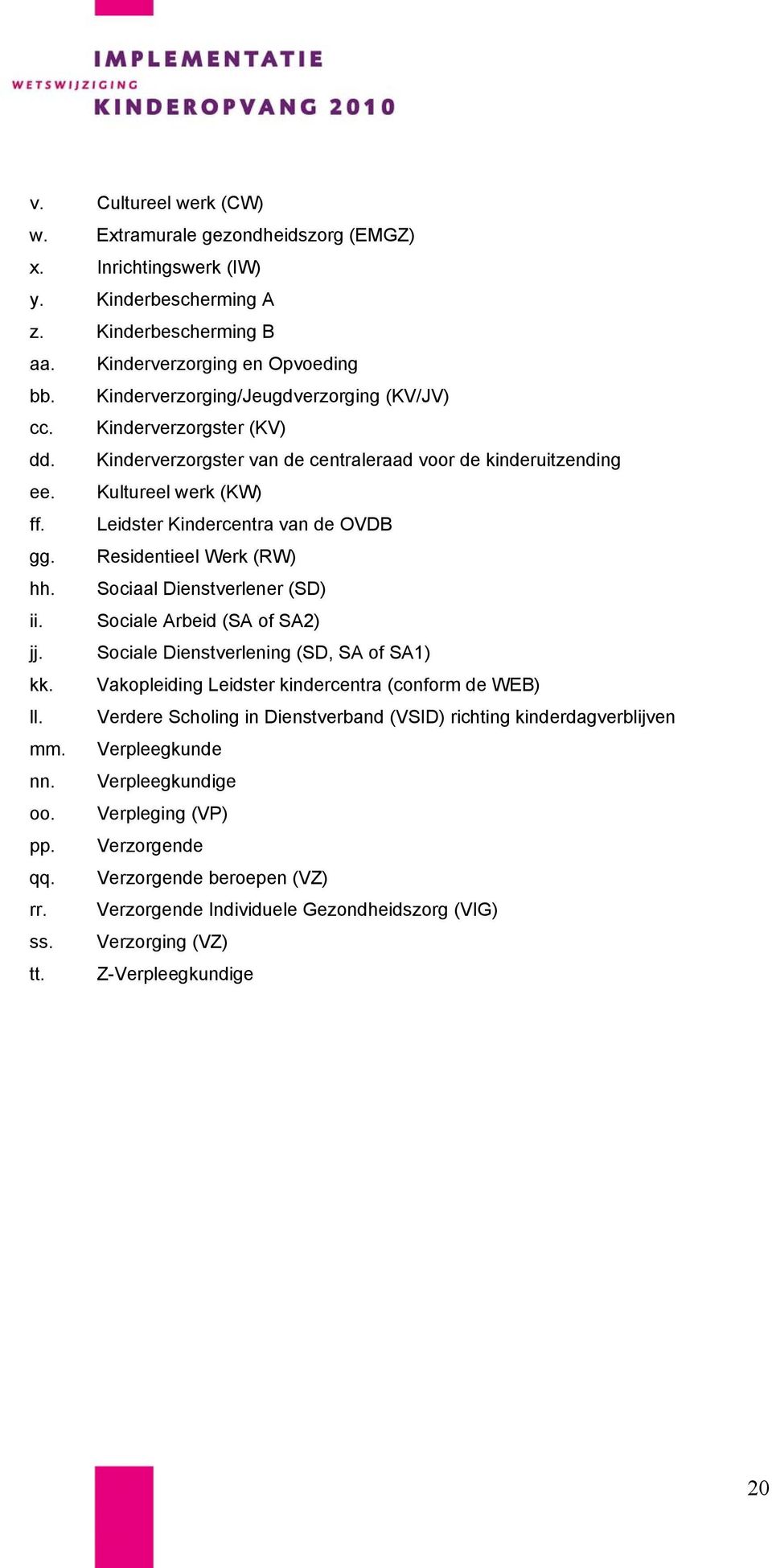 Residentieel Werk (RW) hh. Sociaal Dienstverlener (SD) ii. Sociale Arbeid (SA of SA2) jj. Sociale Dienstverlening (SD, SA of SA1) kk. Vakopleiding Leidster kindercentra (conform de WEB) ll.