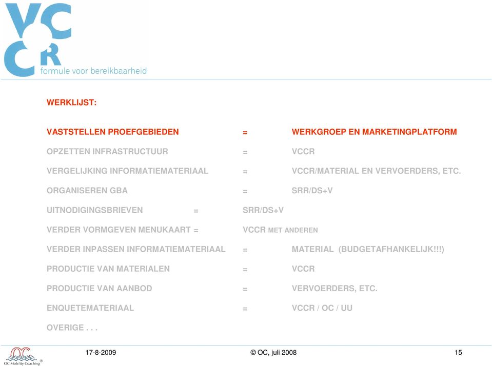 ORGANISEREN GBA = SRR/DS+V UITNODIGINGSBRIEVEN = SRR/DS+V VERDER VORMGEVEN MENUKAART = VCCR MET ANDEREN VERDER INPASSEN