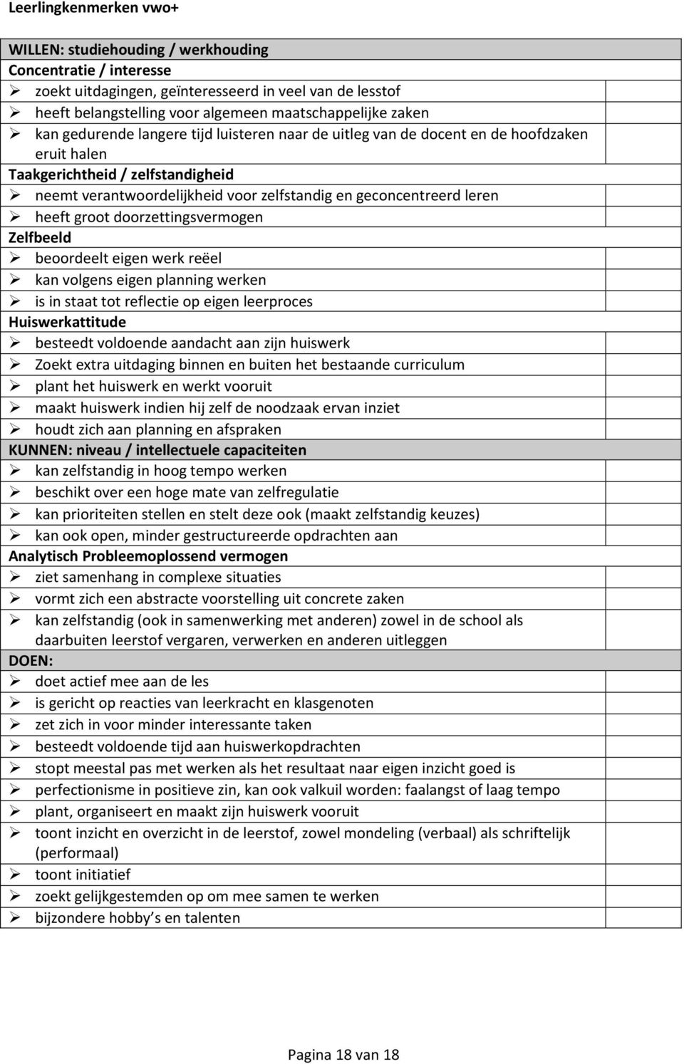 heeft groot doorzettingsvermogen Zelfbeeld beoordeelt eigen werk reëel kan volgens eigen planning werken is in staat tot reflectie op eigen leerproces Huiswerkattitude besteedt voldoende aandacht aan