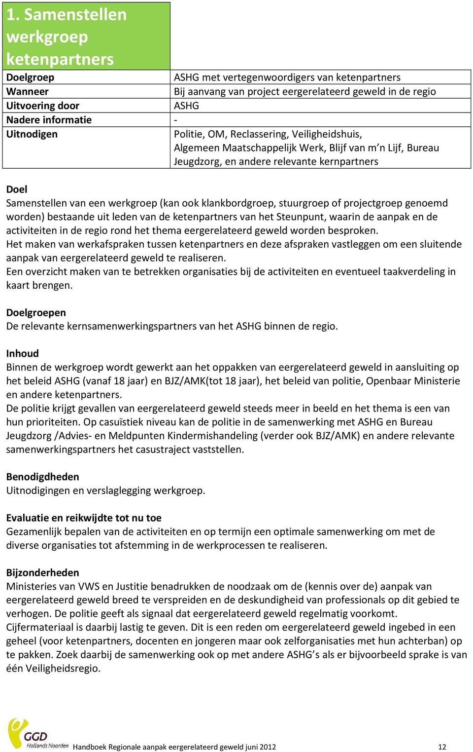 werkgroep (kan ook klankbordgroep, stuurgroep of projectgroep genoemd worden) bestaande uit leden van de ketenpartners van het Steunpunt, waarin de aanpak en de activiteiten in de regio rond het