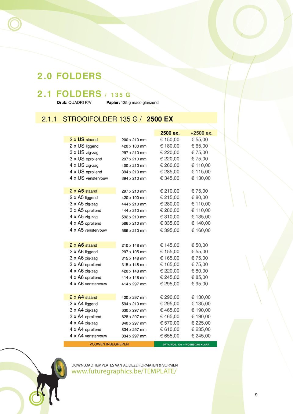 110,00 4 x US oprollend 394 x 210 mm 285,00 115,00 4 x US venstervouw 394 x 210 mm 345,00 130,00 2 x A5 staand 297 x 210 mm 210,00 75,00 2 x A5 liggend 420 x 100 mm 215,00 80,00 3 x A5 zig-zag 444 x