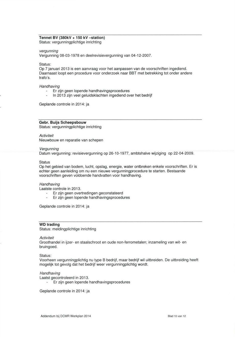 Handhaving Er zijn geen lopende handhavingsprocedures In 2013 zijn veel geluidskfachten ingediend over het bedrijf Geplande controle in 2014: ja Gebr.