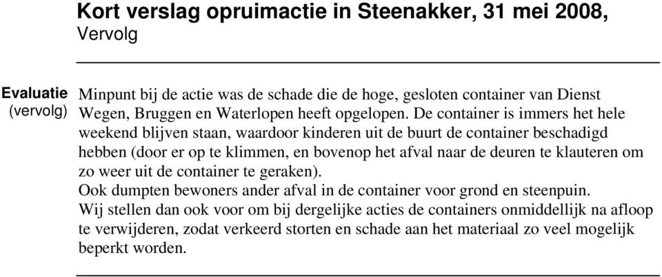 het afval naar de deuren te klauteren om zo weer uit de container te geraken). Ook dumpten bewoners ander afval in de container voor grond en steenpuin.