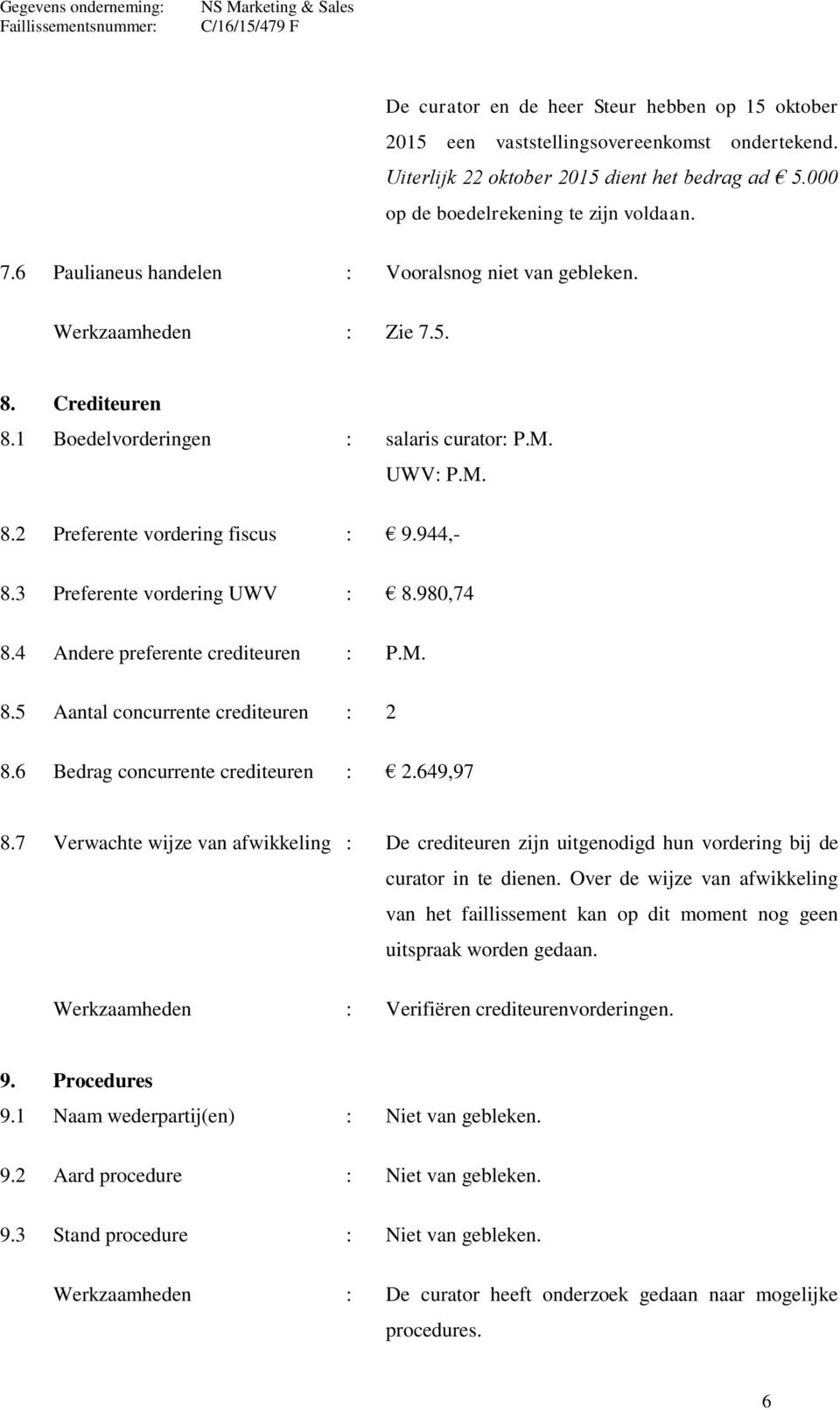 3 Preferente vordering UWV : 8.980,74 8.4 Andere preferente crediteuren : P.M. 8.5 Aantal concurrente crediteuren : 2 8.6 Bedrag concurrente crediteuren : 2.649,97 8.