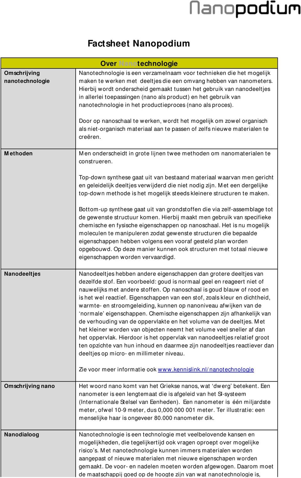 Hierbij wordt onderscheid gemaakt tussen het gebruik van nanodeeltjes in allerlei toepassingen (nano als product) en het gebruik van nanotechnologie in het productieproces (nano als proces).