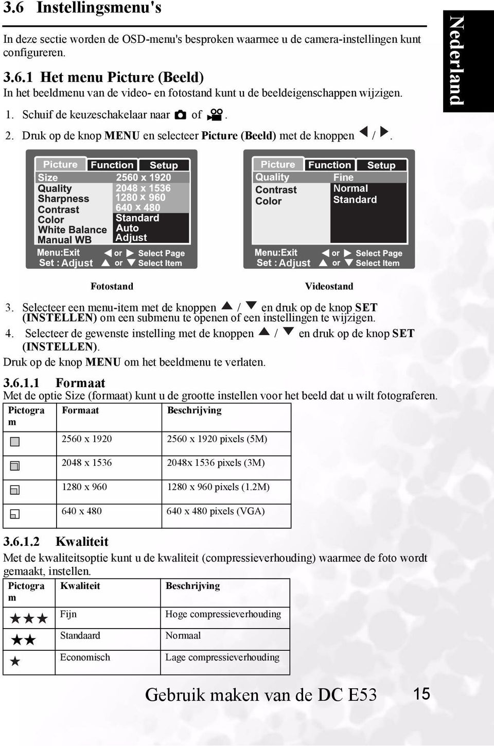 Selecteer een menu-item met de knoppen / en druk op de knop SET (INSTELLEN) om een submenu te openen of een instellingen te wijzigen. 4.