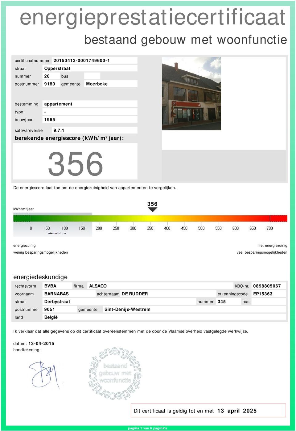 kwh/m²jaar 356 energiezuinig weinig besparingsmogelijkheden niet energiezuinig veel besparingsmogelijkheden energiedeskundige rechtsvorm BVBA firma ALSACO KBO-nr.