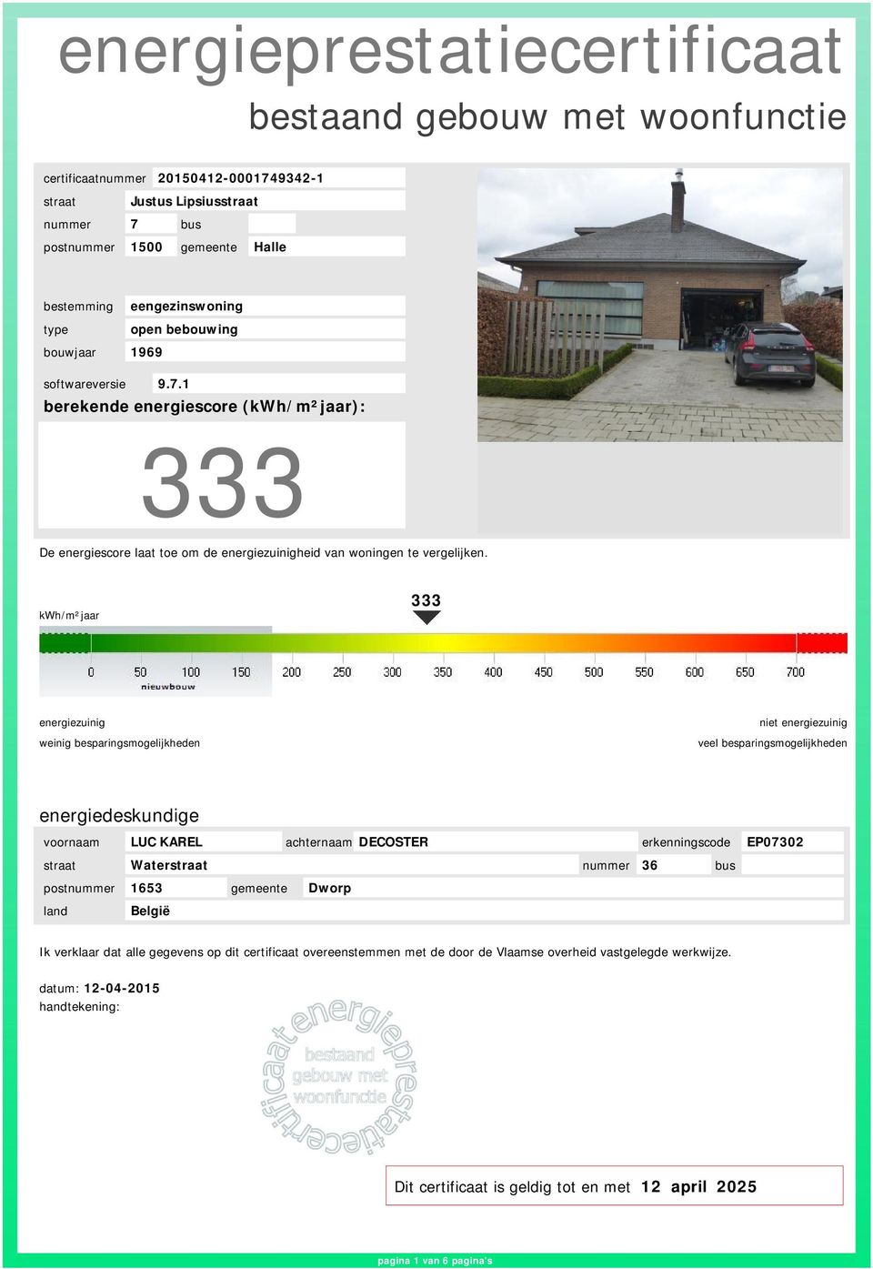1 berekende energiescore (kwh/m²ar): 333 De energiescore laat toe om de energiezuinigheid van woningen te vergelijken.
