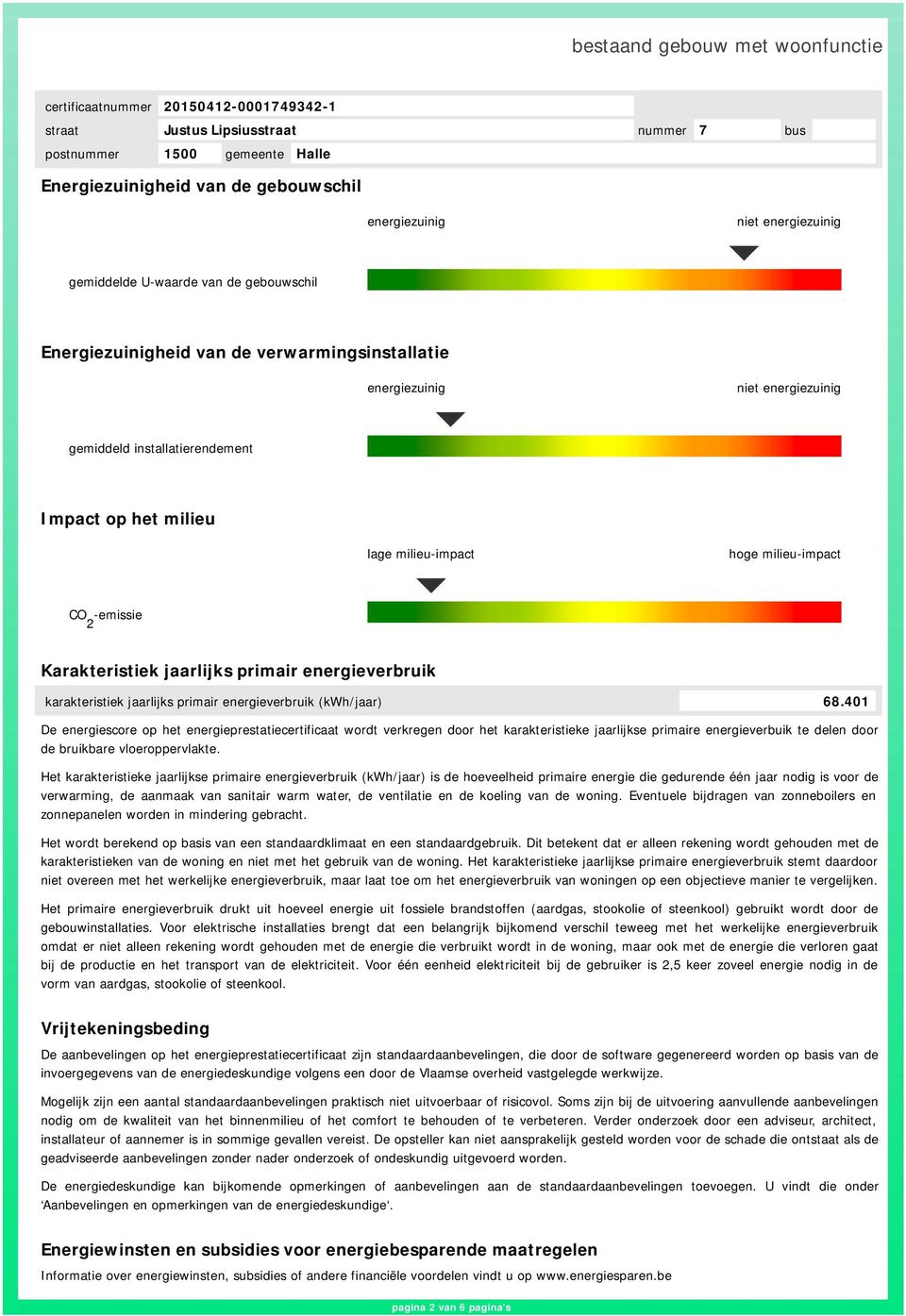 401 De energiescore op het energieprestatiecertificaat wordt verkregen door het karakteristieke arlijkse primaire energieverbuik te delen door de bruikbare vloeroppervlakte.