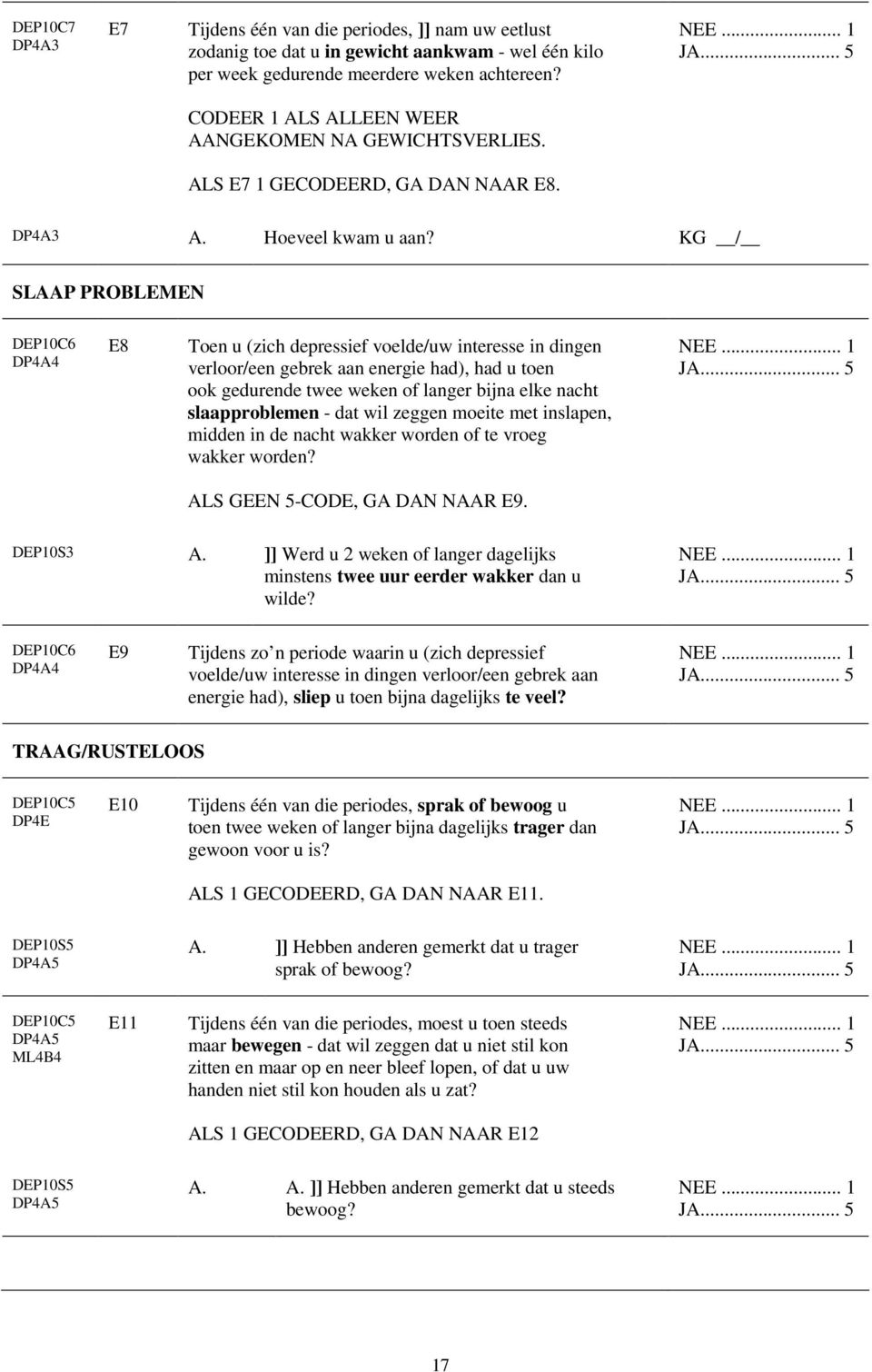 KG / SLAAP PROBLEMEN DEP10C6 DP4A4 E8 Toen u (zich depressief voelde/uw interesse in dingen verloor/een gebrek aan energie had), had u toen ook gedurende twee weken of langer bijna elke nacht