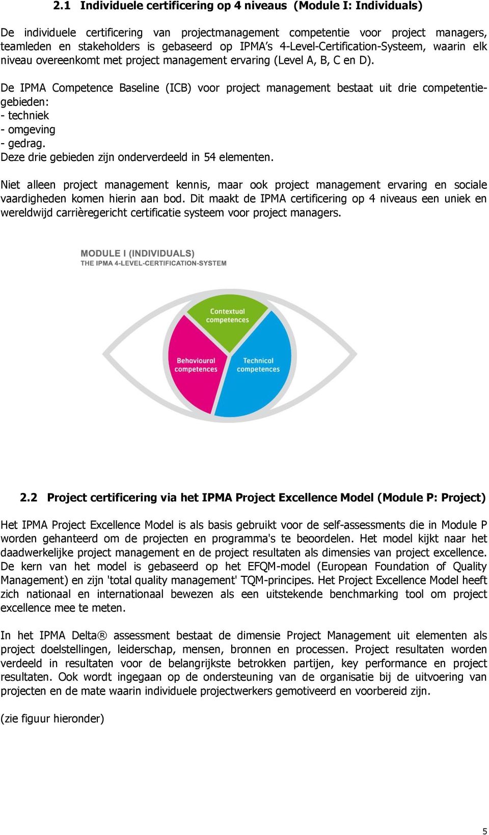 De IPMA Competence Baseline (ICB) voor project management bestaat uit drie competentiegebieden: - techniek - omgeving - gedrag. Deze drie gebieden zijn onderverdeeld in 54 elementen.
