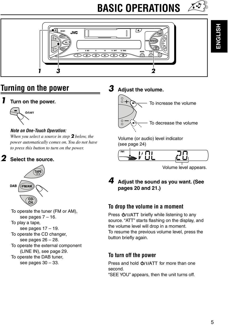 2 Select the source. To decrease the volume Volume (or audio) level indicator (see page 24) Volume level appears. 4 Adjust the sound as you want. (See pages 20 and 21.