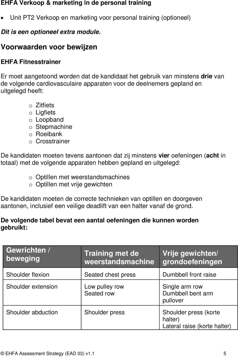 uitgelegd heeft: o Zitfiets o Ligfiets o Loopband o Stepmachine o Roeibank o Crosstrainer De kandidaten moeten tevens aantonen dat zij minstens vier oefeningen (acht in totaal) met de volgende