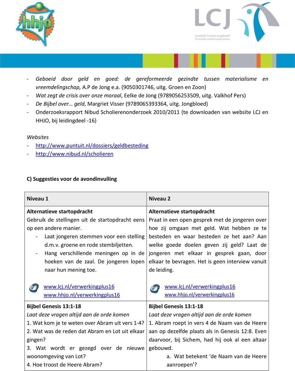 Jongbloed) Onderzoeksrapport Nibud Scholierenonderzoek 2010/2011 (te downloaden van website LCJ en HHJO, bij leidingdeel 16) Websites http://www.puntuit.nl/dossiers/geldbesteding http://www.nibud.