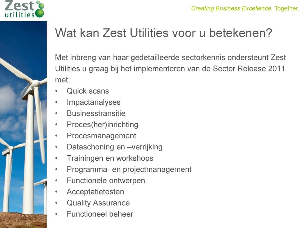 Sector Release 2011 met: Quick scans Impactanalyses Businesstransitie Proces(her)inrichting Procesmanagement