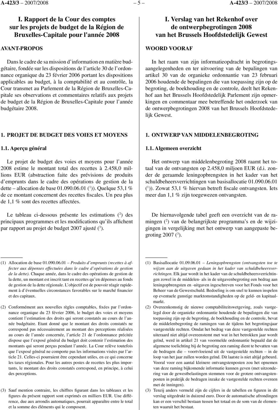 Région de Bruxelles-Capitale ses observations et commentaires relatifs aux projets de budget de la Région de Bruxelles-Capitale pour l année budgétaire 2008. I.