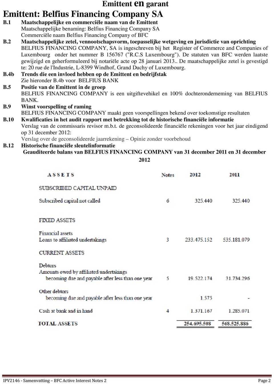 2 Maatschappelijke zetel, vennootschapsvorm, toepasselijke wetgeving en jurisdictie van oprichting BELFIUS FINANCING COMPANY, SA is ingeschreven bij het Register of Commerce and Companies of