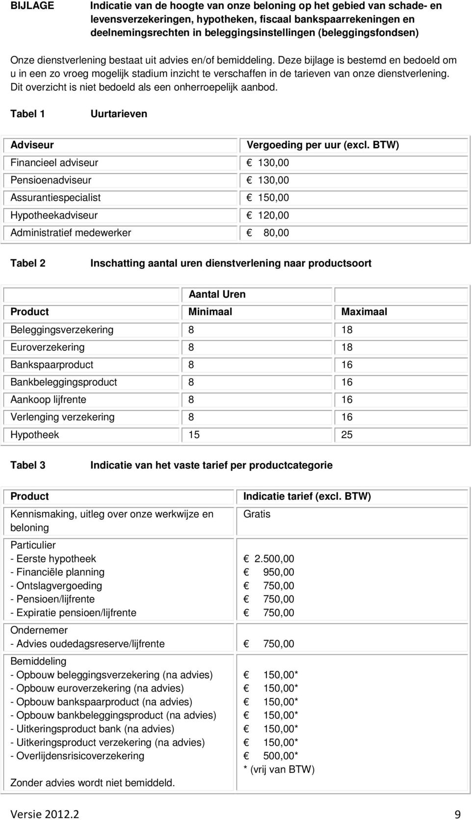 Deze bijlage is bestemd en bedoeld om u in een zo vroeg mogelijk stadium inzicht te verschaffen in de tarieven van onze dienstverlening. Dit overzicht is niet bedoeld als een onherroepelijk aanbod.