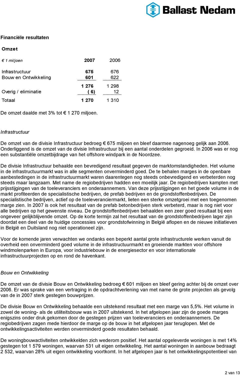 Onderliggend is de omzet van de divisie Infrastructuur bij een aantal onderdelen gegroeid. In 2006 was er nog een substantiële omzetbijdrage van het offshore windpark in de Noordzee.