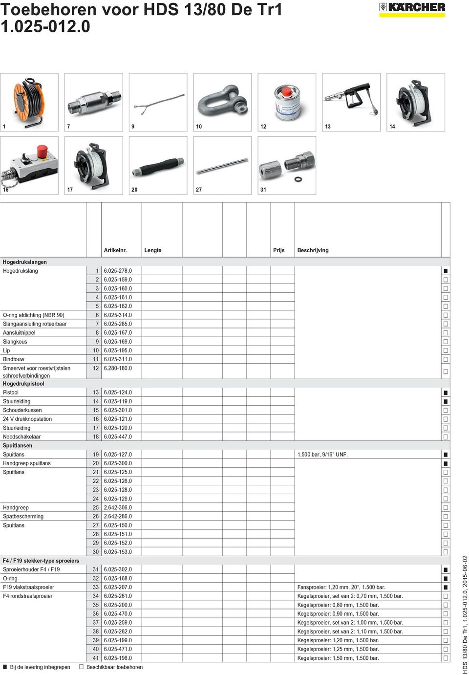 0 schroefverbindingen Hogedrukpistool Pistool 13 6.025-124.0 Stuurleiding 14 6.025-119.0 Schouderkussen 15 6.025-301.0 24 V drukknopstation 16 6.025-121.0 Stuurleiding 17 6.025-120.