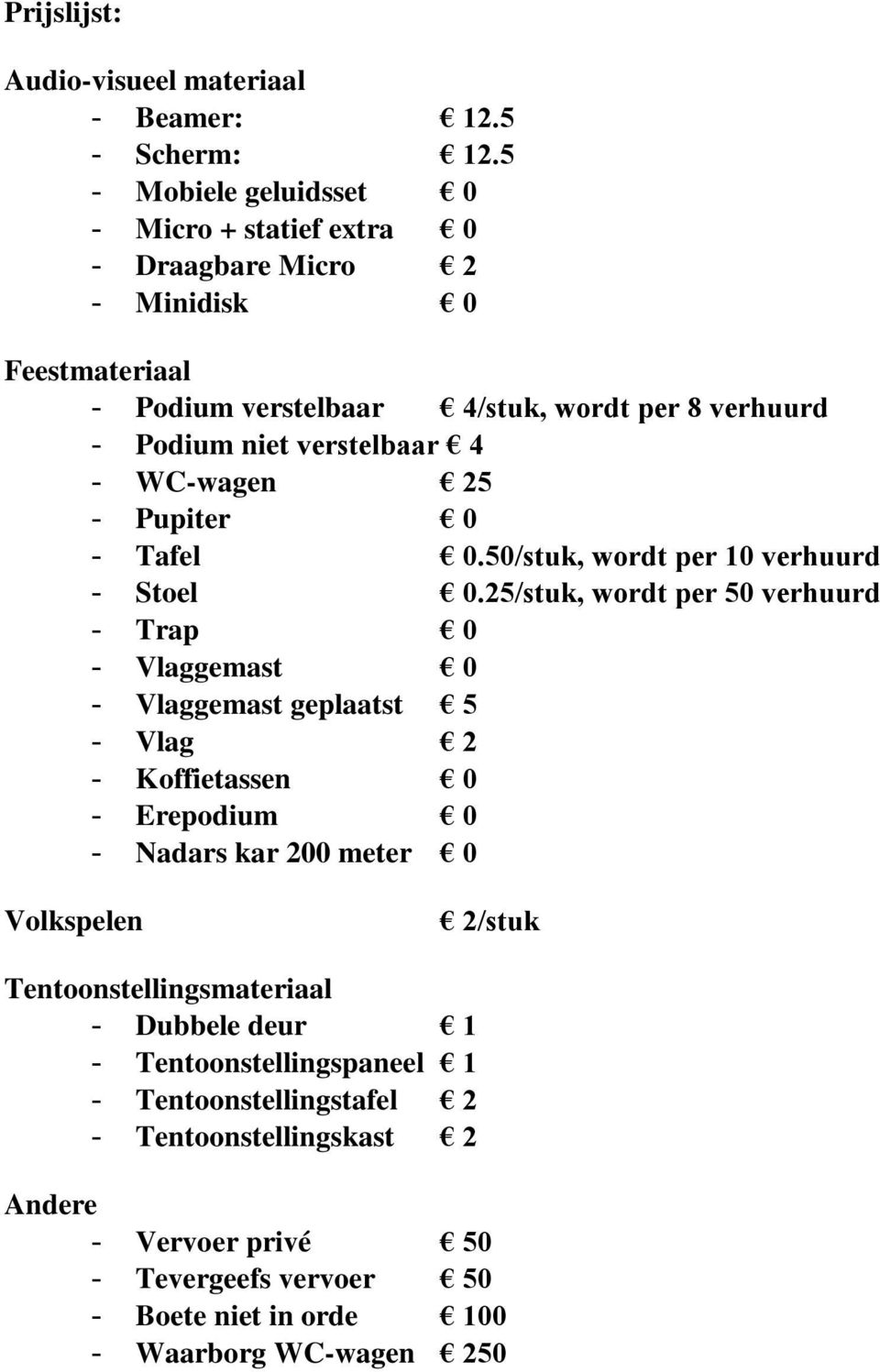 4 - WC-wagen 25 - Pupiter 0 - Tafel 0.50/stuk, wordt per 10 verhuurd - Stoel 0.