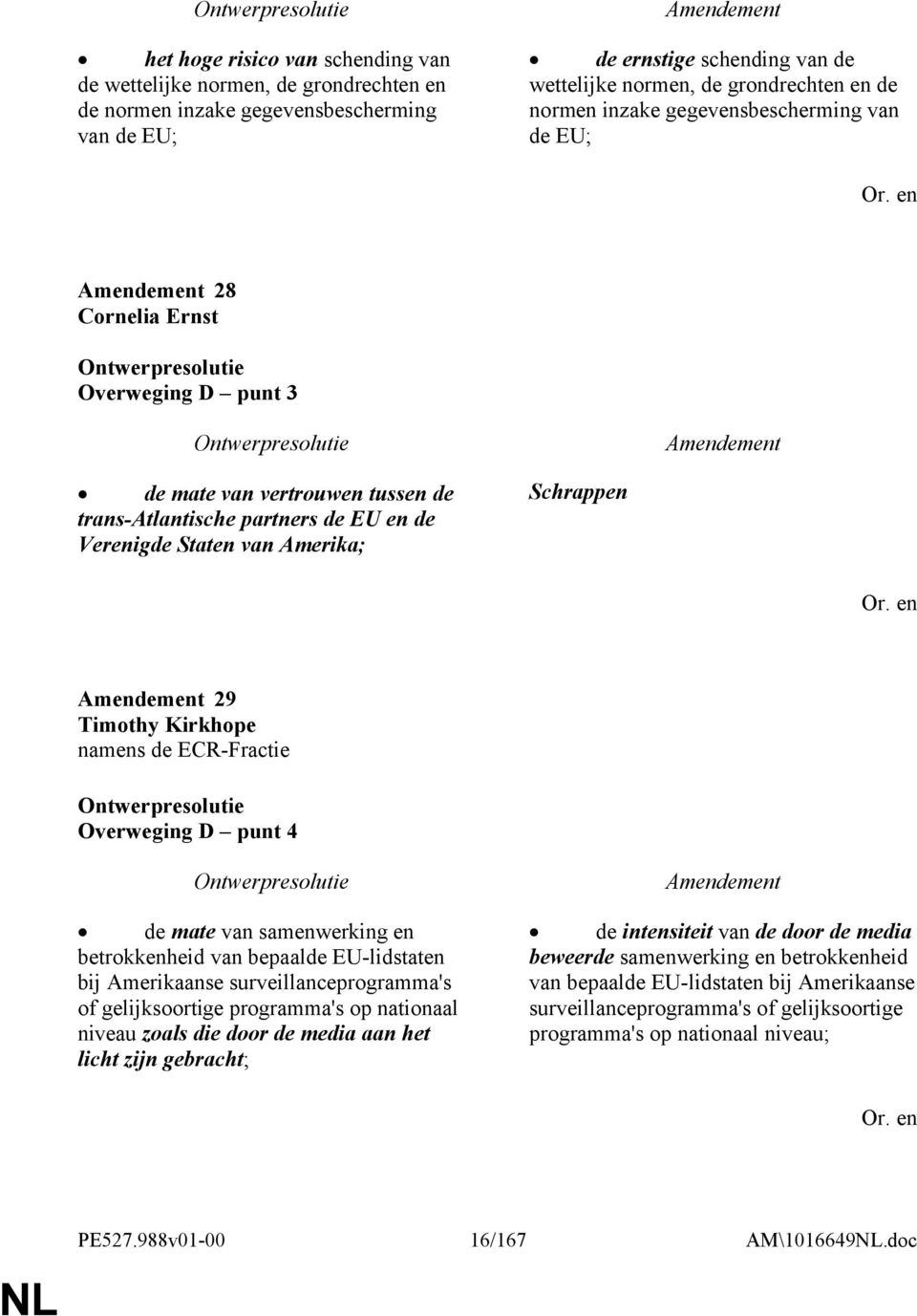 Kirkhope namens de ECR-Fractie Overweging D punt 4 de mate van samenwerking en betrokkenheid van bepaalde EU-lidstaten bij Amerikaanse surveillanceprogramma's of gelijksoortige programma's op