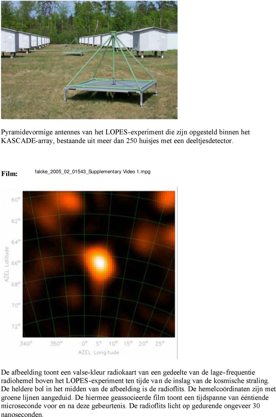 mpg De afbeelding toont een valse-kleur radiokaart van een gedeelte van de lage-frequentie radiohemel boven het LOPES-experiment ten tijde van de inslag van de