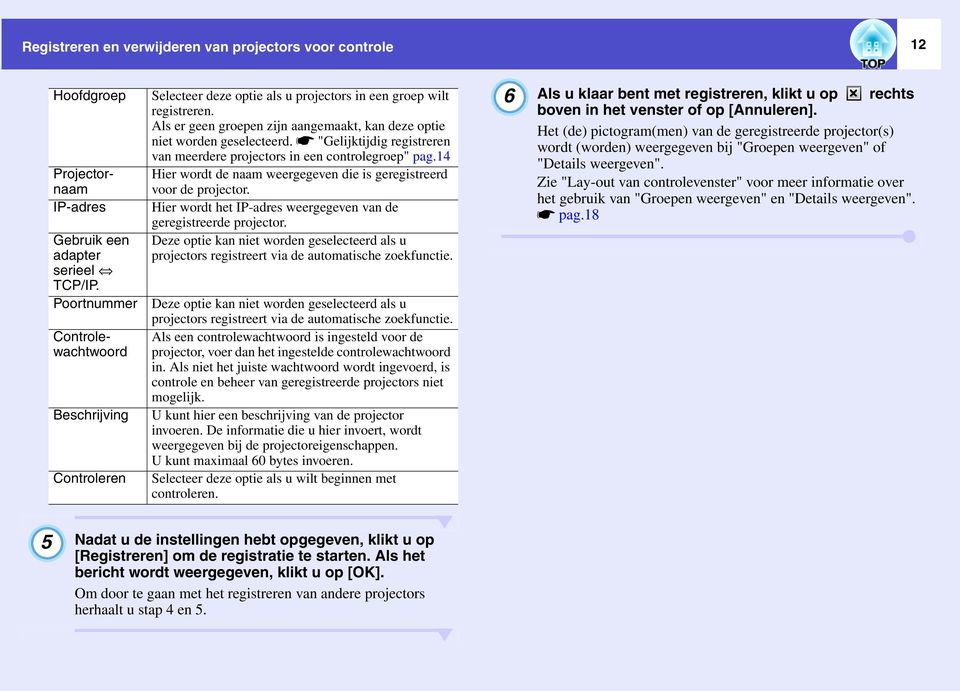 Als er geen groepen zijn aangemaakt, kan deze optie niet worden geselecteerd. s"gelijktijdig registreren van meerdere projectors in een controlegroep" pag.