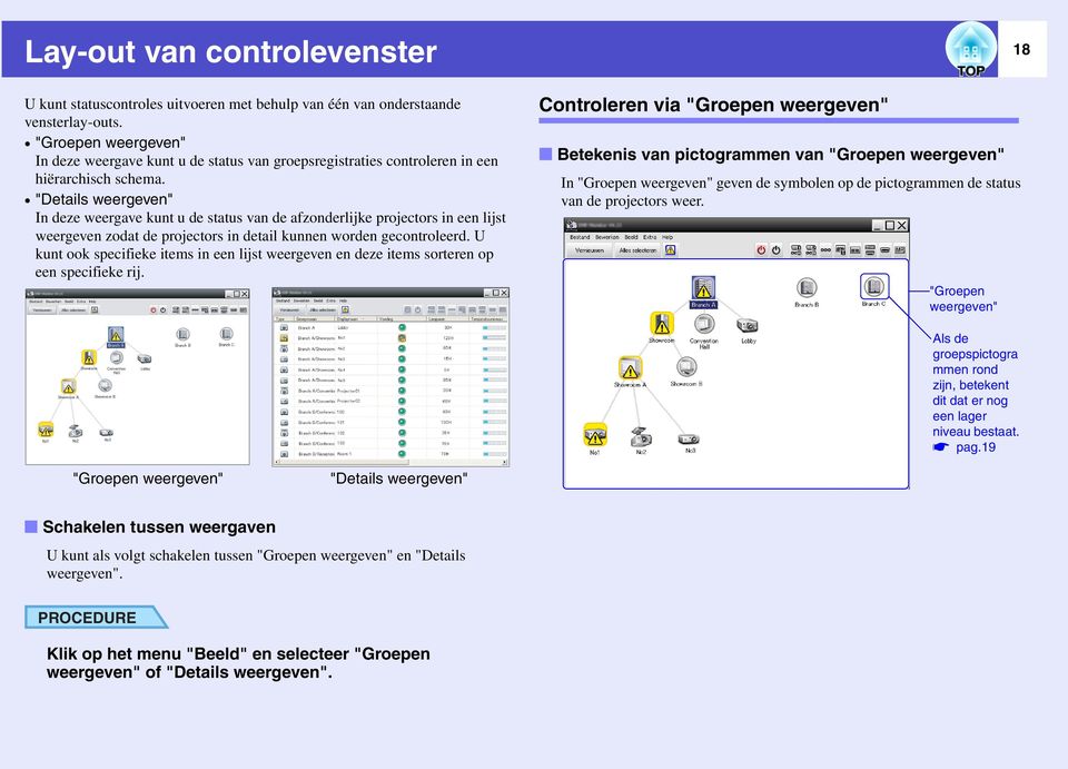 "Details weergeven" In deze weergave kunt u de status van de afzonderlijke projectors in een lijst weergeven zodat de projectors in detail kunnen worden gecontroleerd.