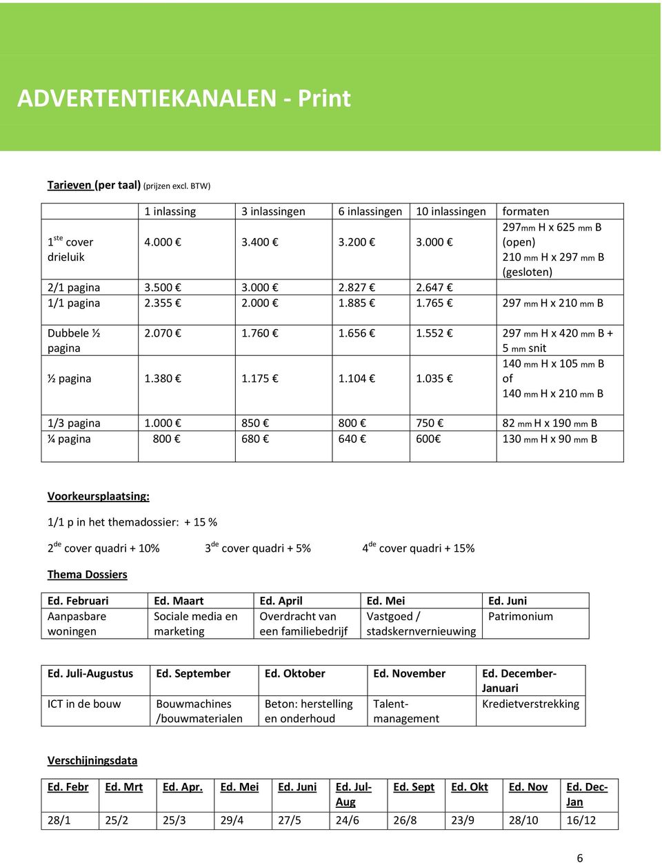 552 297 mm H x 420 mm B + 5 mm snit ½ pagina 1.380 1.175 1.104 1.035 140 mm H x 105 mm B of 140 mm H x 210 mm B 1/3 pagina 1.