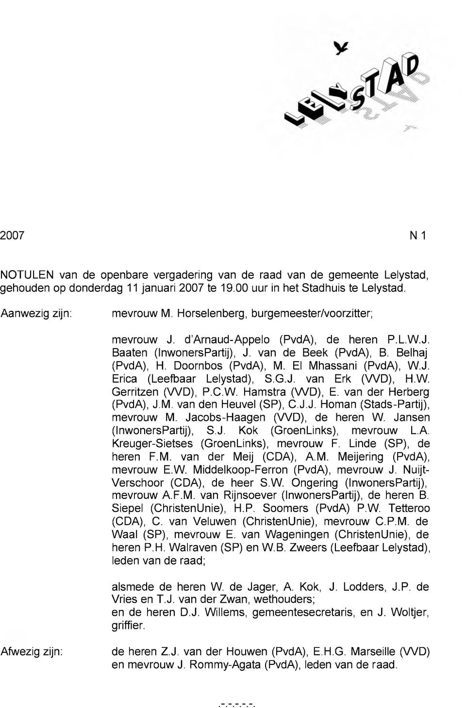 El Mhassani (PvdA), W.J. Erica (Leefbaar Lelystad), S.G.J. van Erk (VVD), H.W. Gerritzen (VVD), P.C.W. Hamstra (VVD), E. van der Herberg (PvdA), J.M. van den Heuvel (SP), C.J.J. Homan (Stads-Partij), mevrouw M.