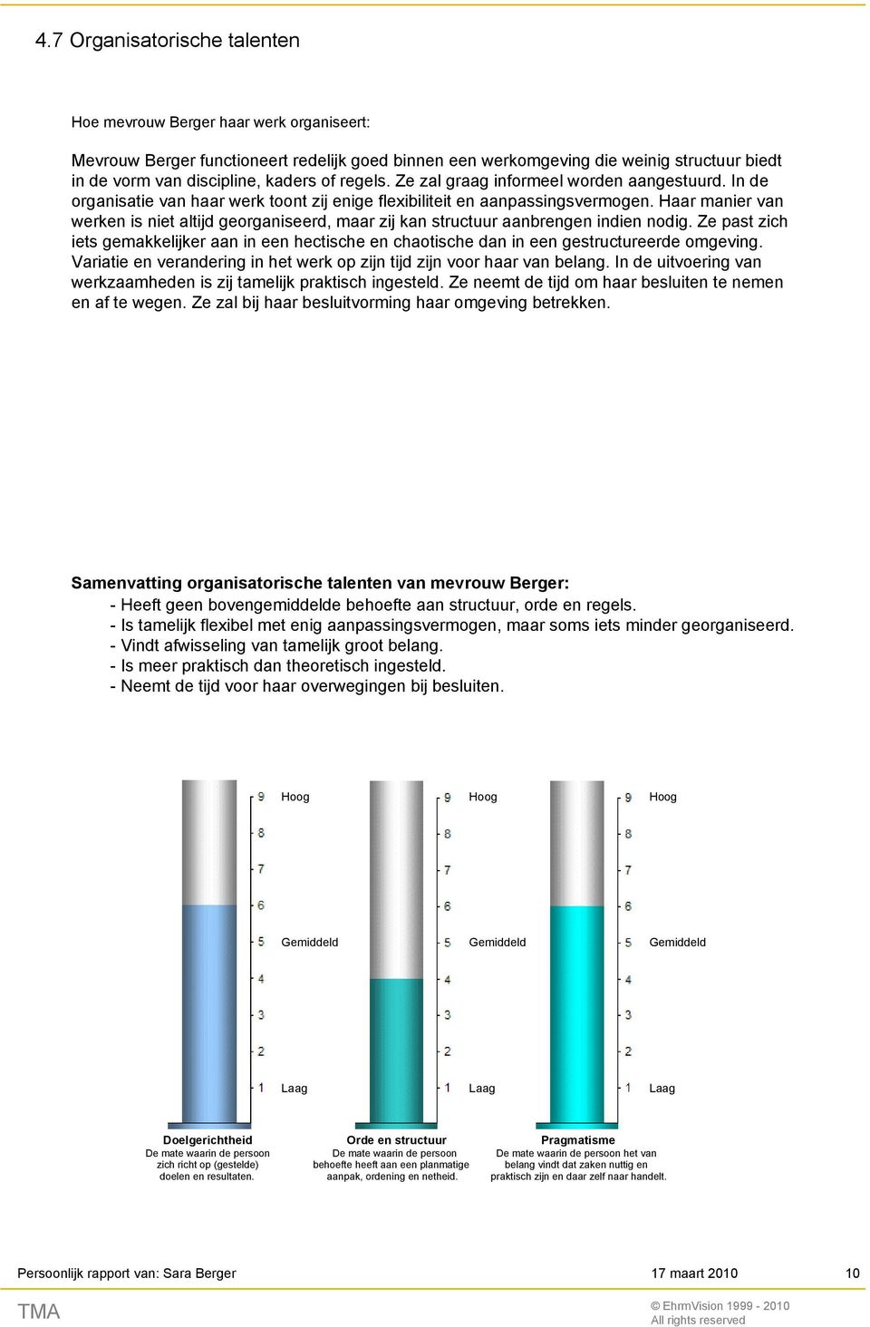 Haar manier van werken is niet altijd georganiseerd, maar zij kan structuur aanbrengen indien nodig.