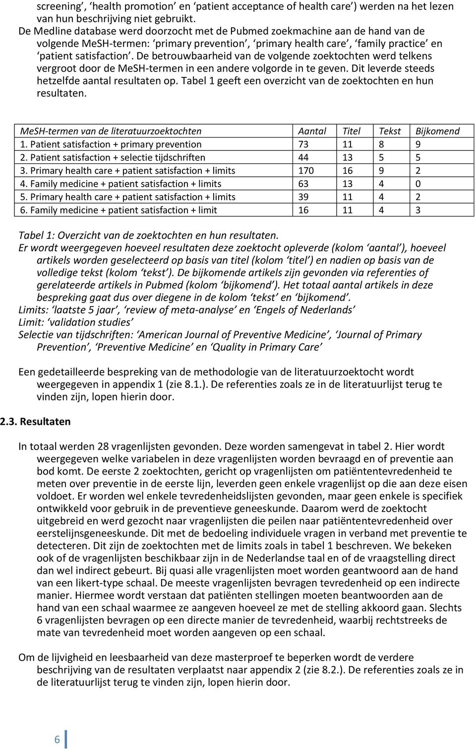 De betrouwbaarheid van de volgende zoektochten werd telkens vergroot door de MeSH-termen in een andere volgorde in te geven. Dit leverde steeds hetzelfde aantal resultaten op.