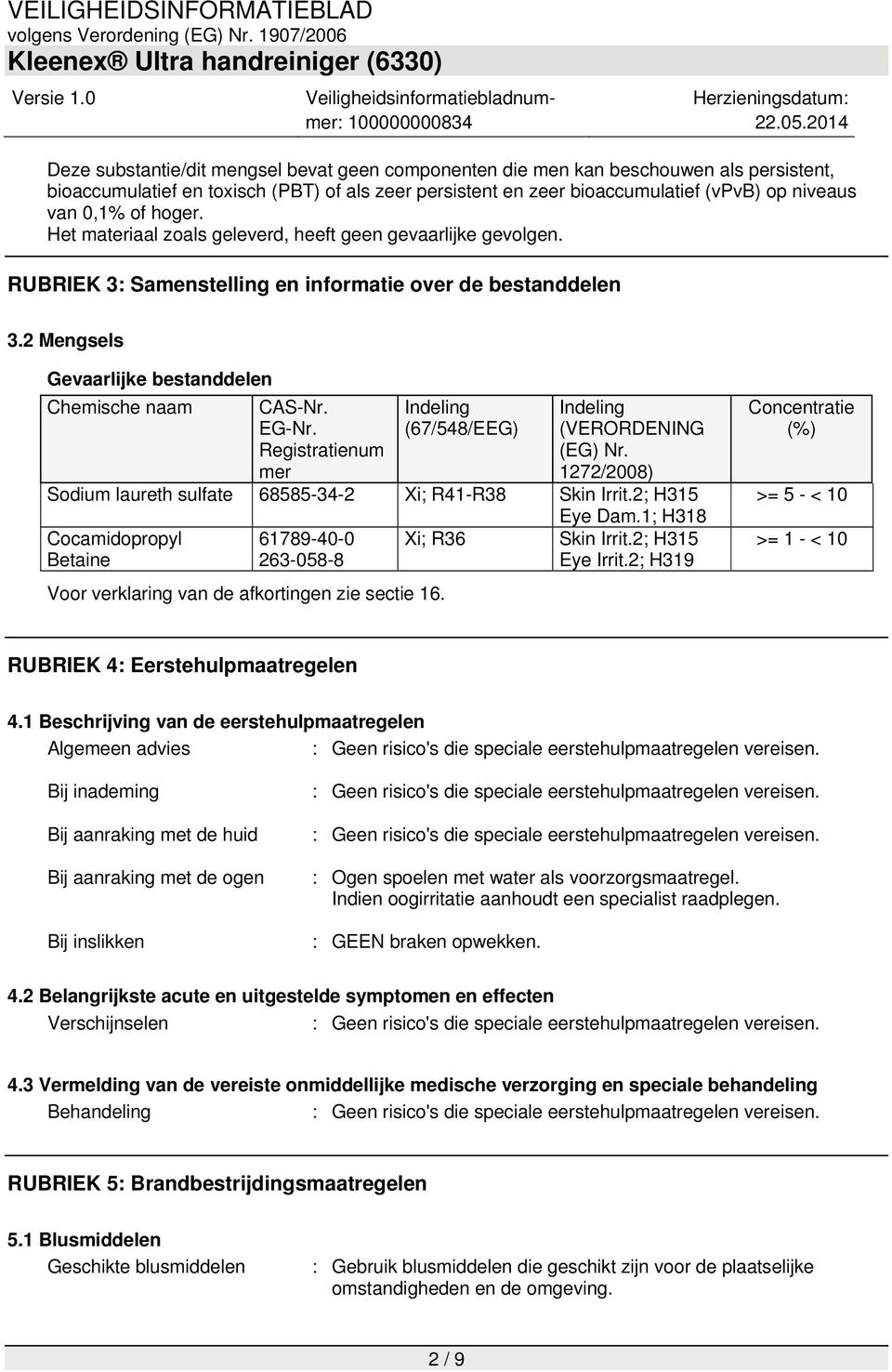 Registratienum mer Indeling (67/548/EEG) Indeling (VERORDENING (EG) Nr. 1272/2008) Sodium laureth sulfate 68585-34-2 Xi; R41-R38 Skin Irrit.2; H315 Eye Dam.