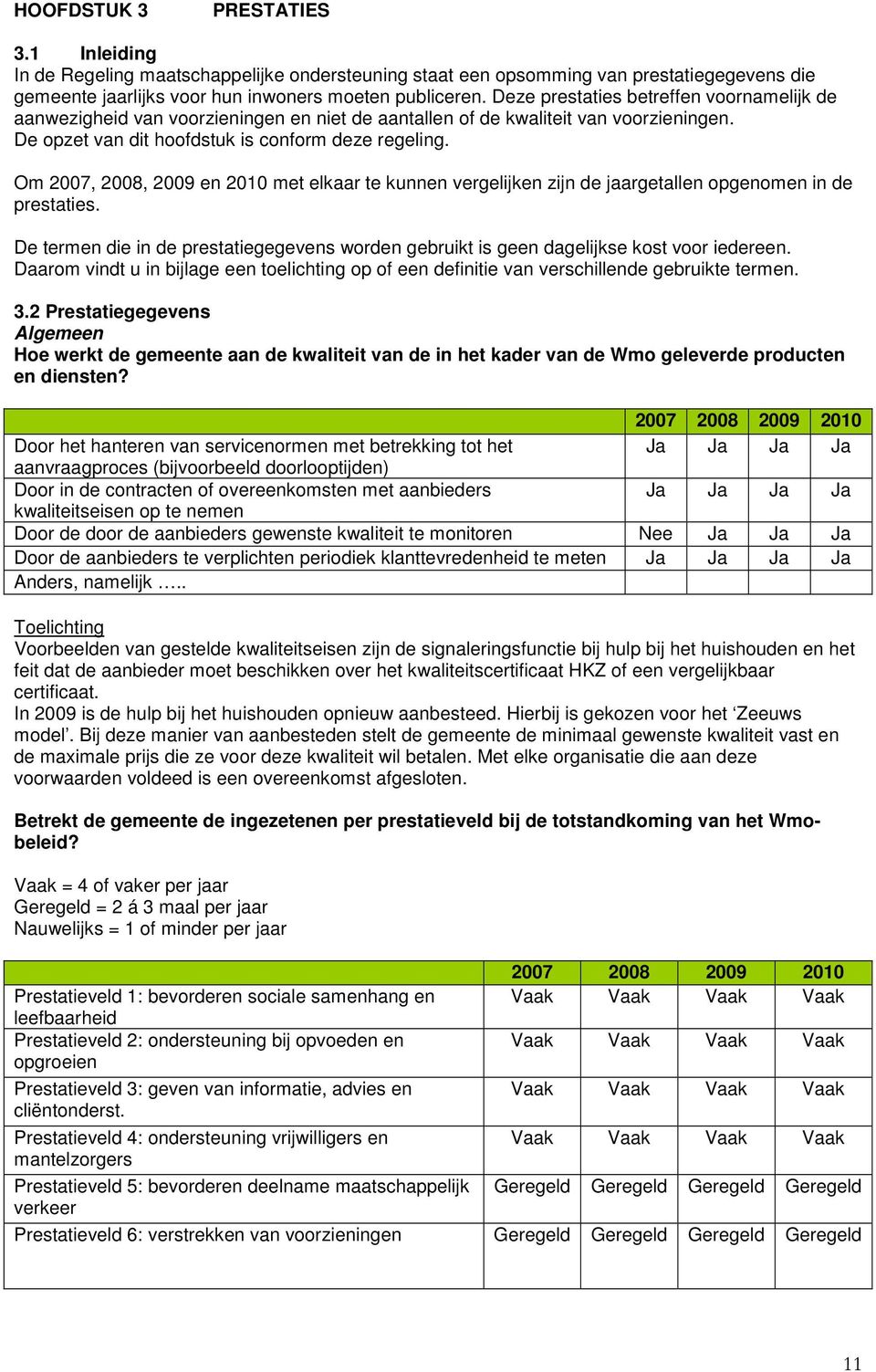 Om 2007, 2008, 2009 en 2010 met elkaar te kunnen vergelijken zijn de jaargetallen opgenomen in de prestaties.