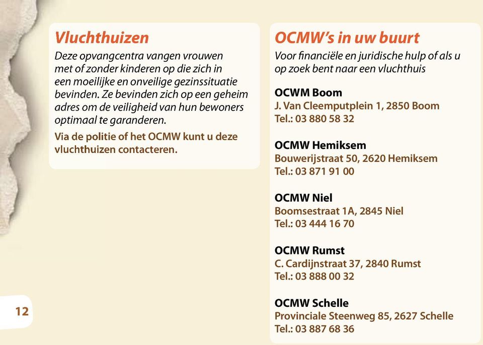 OCMW s in uw buurt Voor financiële en juridische hulp of als u op zoek bent naar een vluchthuis OCWM Boom J. Van Cleemputplein 1, 2850 Boom Tel.