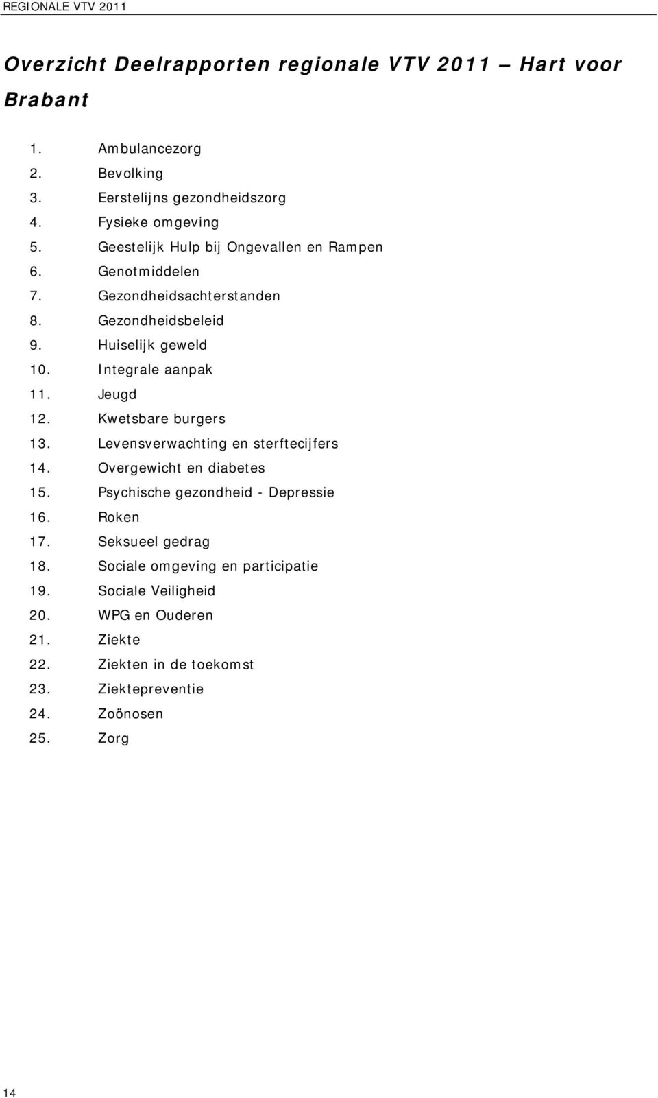 Integrale aanpak 11. Jeugd 12. Kwetsbare burgers 13. Levensverwachting en sterftecijfers 14. Overgewicht en diabetes 15. Psychische gezondheid - Depressie 16.