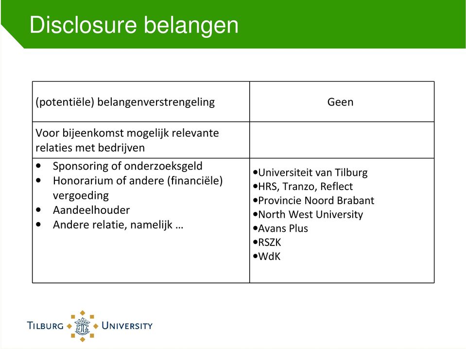 (financiële) vergoeding Aandeelhouder Andere relatie, namelijk Geen Universiteit van