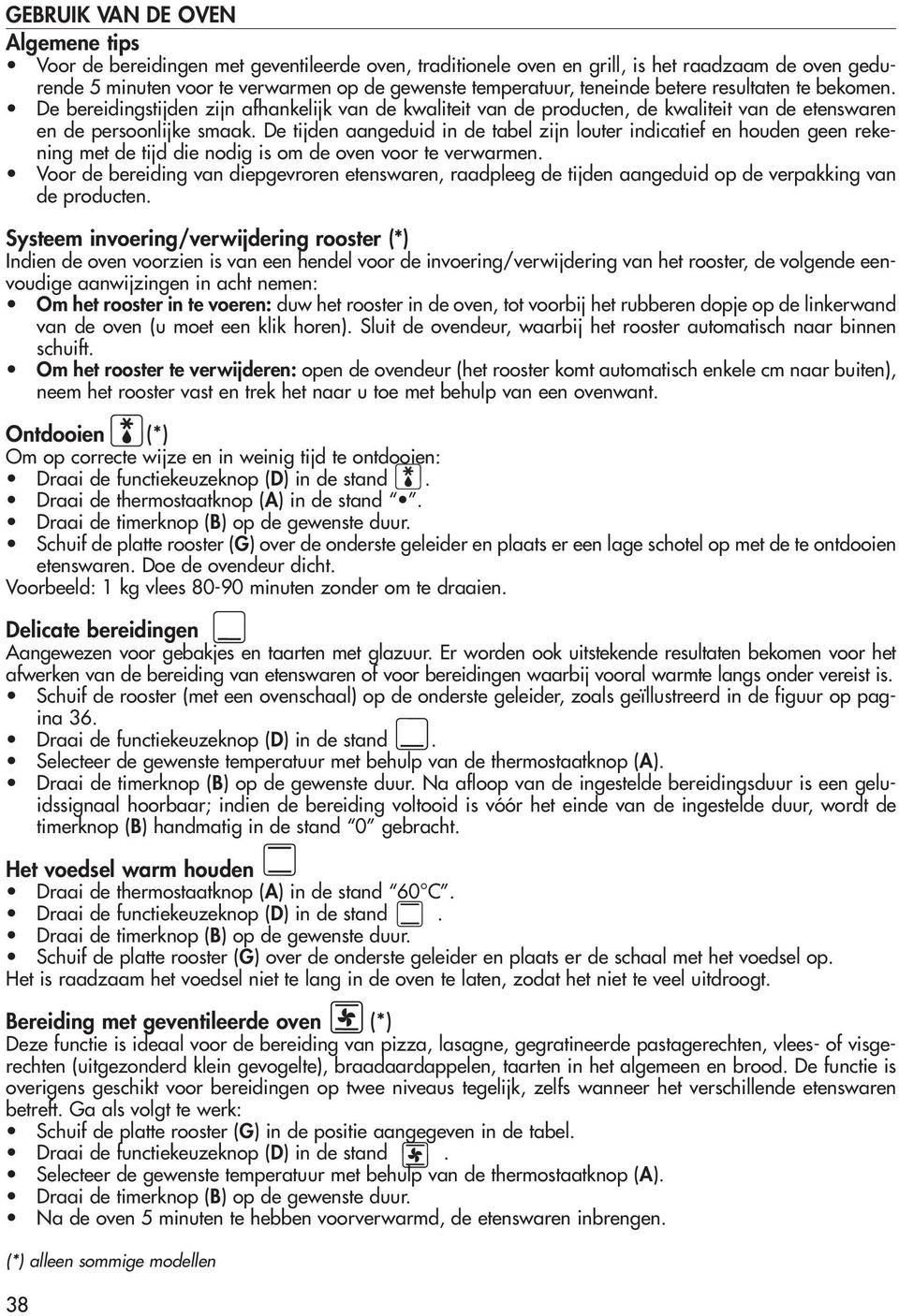 De tijden aangeduid in de tabel zijn louter indicatief en houden geen rekening met de tijd die nodig is om de oven voor te verwarmen.