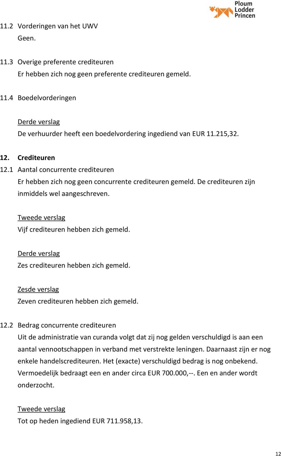 Vijf crediteuren hebben zich gemeld. Zes crediteuren hebben zich gemeld. Zesde verslag Zeven crediteuren hebben zich gemeld. 12.