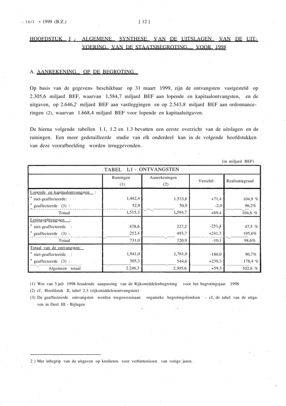 584,7 miljard BEF aan lopende en kapitaalontvangsten, en de uitgaven, op 2.646,7 miljard BEF aan vastleggingen en op 2.543,8 miljard BEF aan ordonnanceringen (2), waarvan 1.