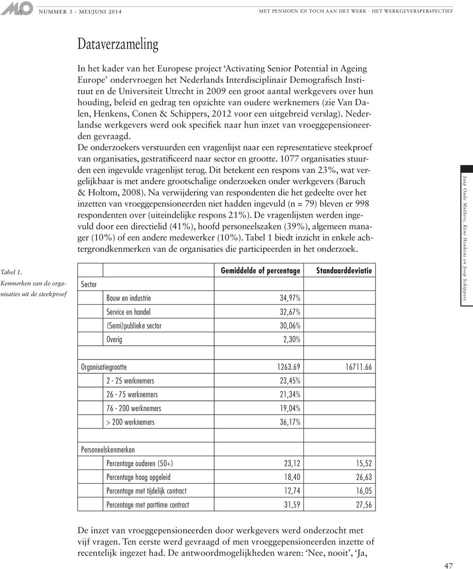 Demografisch Instituut en de Universiteit Utrecht in 2009 een groot aantal werkgevers over hun houding, beleid en gedrag ten opzichte van oudere werknemers (zie Van Dalen, Henkens, Conen & Schippers,