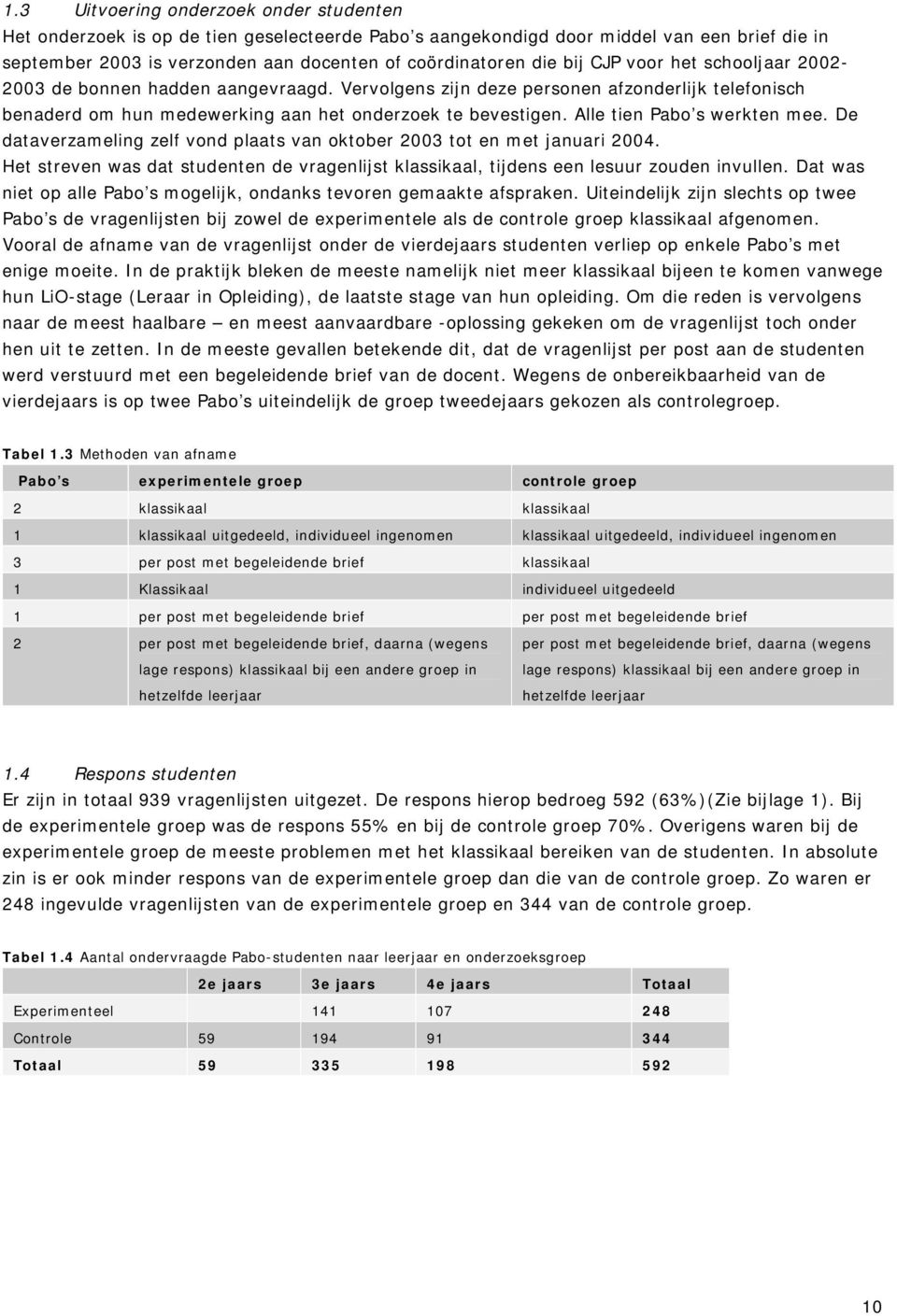 Alle tien Pabo s werkten mee. De dataverzameling zelf vond plaats van oktober 2003 tot en met januari 2004. Het streven was dat studenten de vragenlijst klassikaal, tijdens een lesuur zouden invullen.