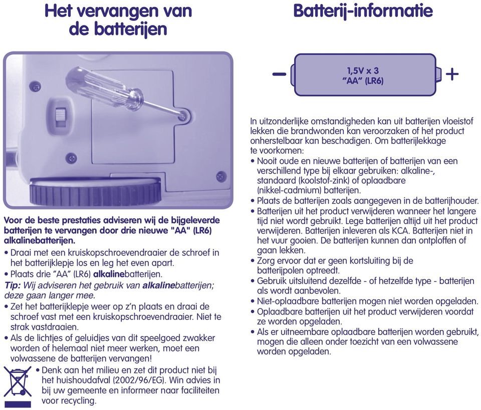 Tip: Wij adviseren het gebruik van alkalinebatterijen; deze gaan langer mee. Zet het batterijklepje weer op z n plaats en draai de schroef vast met een kruiskopschroevendraaier.