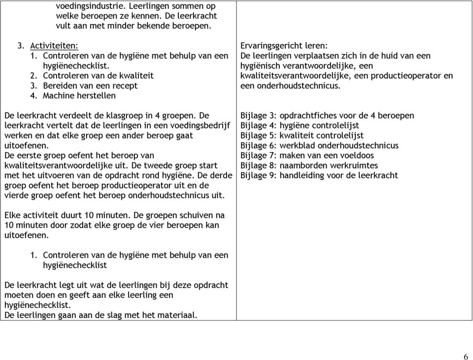 De leerkracht vertelt dat de leerlingen in een voedingsbedrijf werken en dat elke groep een ander beroep gaat uitoefenen. De eerste groep oefent het beroep van kwaliteitsverantwoordelijke uit.