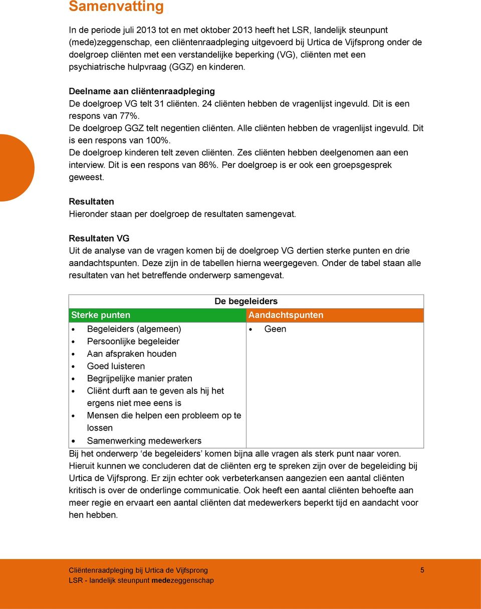 24 cliënten hebben de vragenlijst ingevuld. Dit is een respons van 77%. De doelgroep GGZ telt negentien cliënten. Alle cliënten hebben de vragenlijst ingevuld. Dit is een respons van 100%.