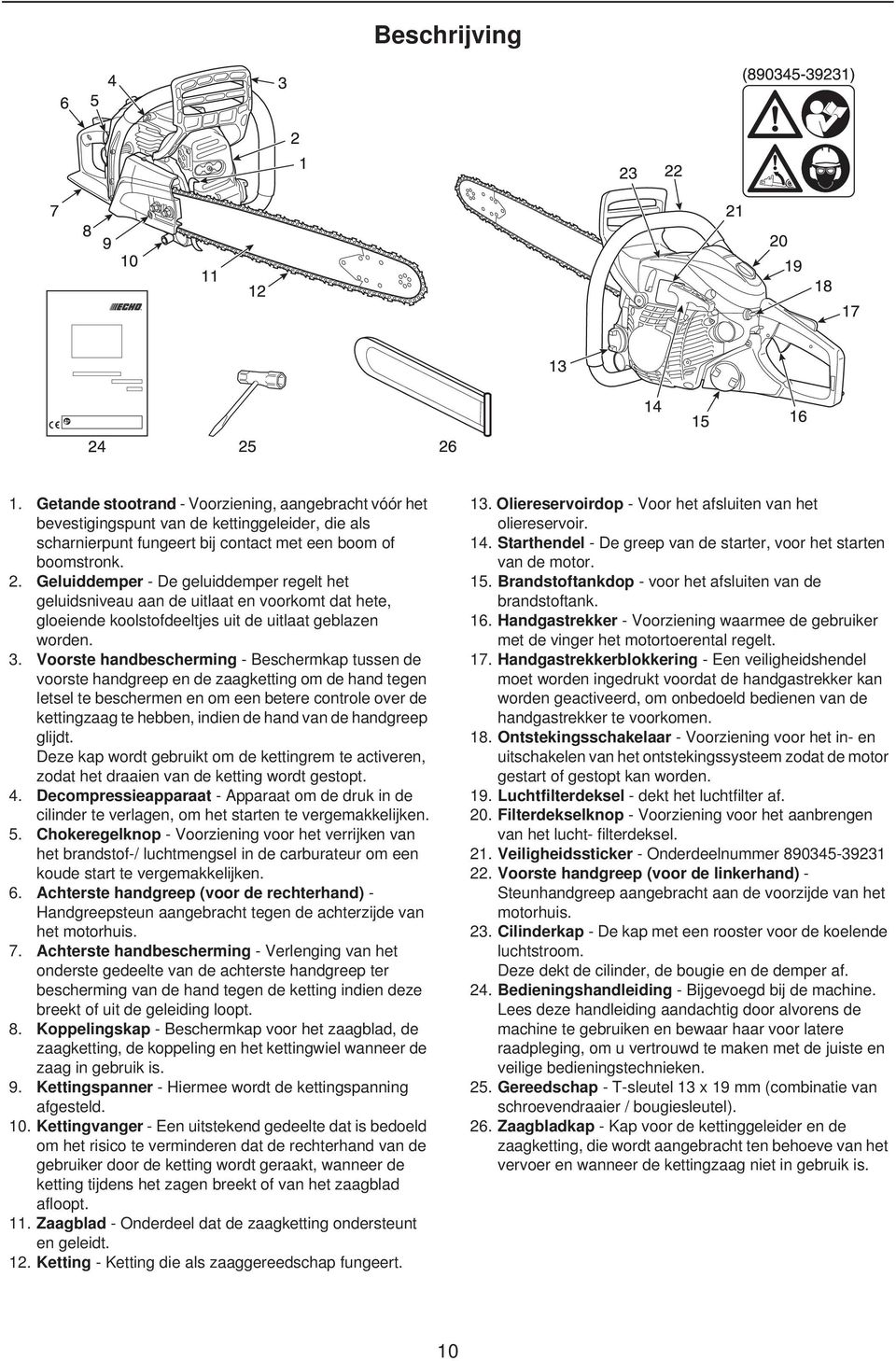 Voorste handbescherming - Beschermkap tussen de voorste handgreep en de zaagketting om de hand tegen letsel te beschermen en om een betere controle over de kettingzaag te hebben, indien de hand van